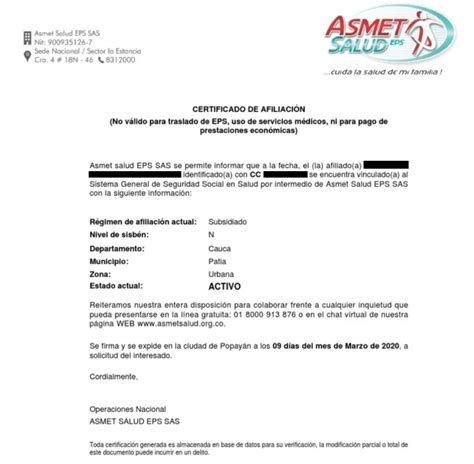 certificado de asmet salud|Asmet Salud EPS